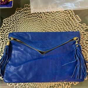 Elegant Blue Leather Clutch with Tassels